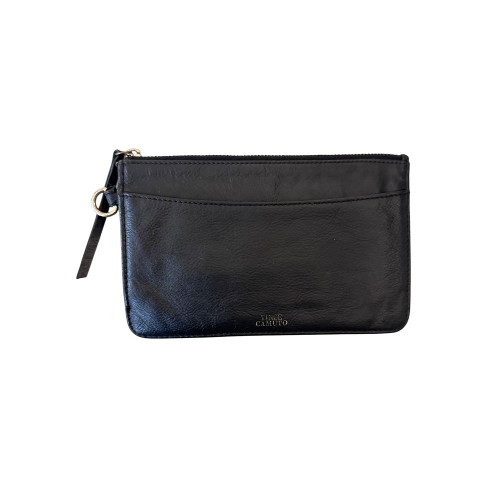 Vince Camuto Black Leather Zipper Pouch Wristlet Wallet Card Holder Gold Tone